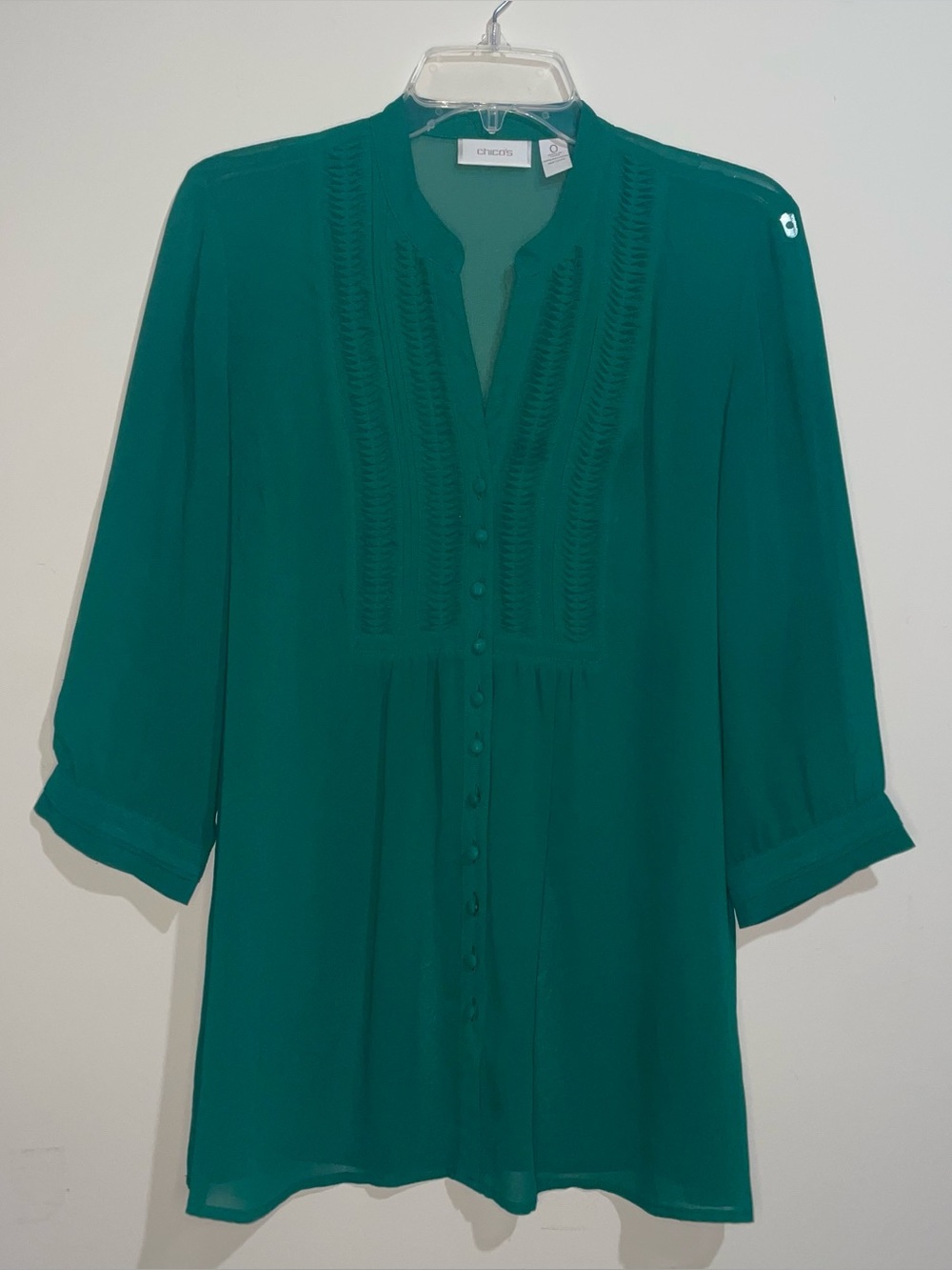 Chicos Emerald Green Textured Button Front Lightweight 3/4 Sleeve 0 Blouse